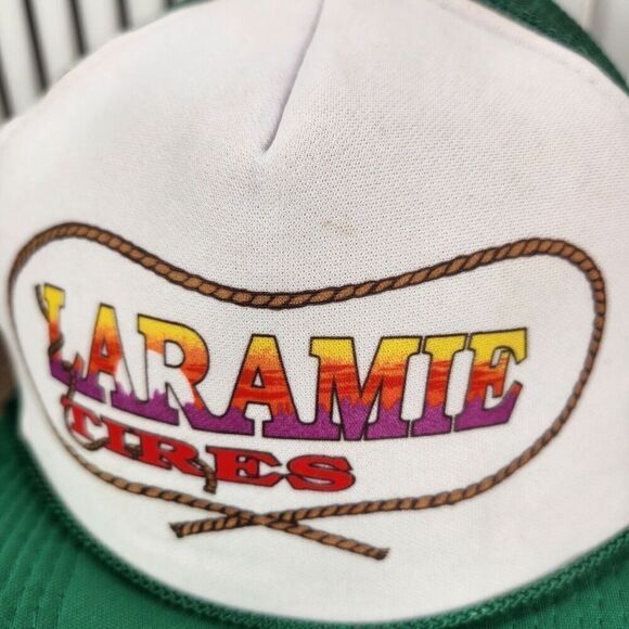 VTG Laramie Tires Snapback Trucker Hat Cap White Green Colorful Logo Farmer Mesh - Picture 3 of 10